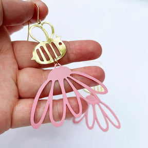 DENZ Bee Flowers in gold + pink - painted steel dangles