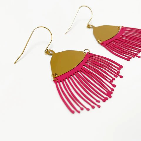 DENZ Gum Blossom dangles in Olive + Raspberry | painted steel dangles